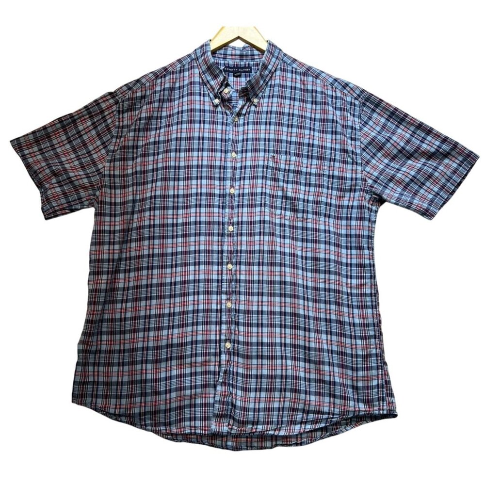 Tommy Hilfiger Men's Button Down Shirt Short Sleeve Summer Size XXL Blue Plaid